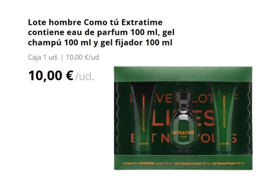 Lote hombre Como tú Extratime contiene eau de parfum 100 ml, gel champú 100 ml y gel fijador 100 ml/ MERCADONA Lote hombre Como tú Extratime contiene eau de parfum 100 ml, gel champú 100 ml y gel fijador 100 ml/ MERCADONA