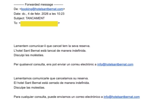 El hotel San Bernat comunica a los huéspedes su cierre definitivo / CEDIDA El hotel San Bernat comunica a los huéspedes su cierre definitivo / CEDIDA