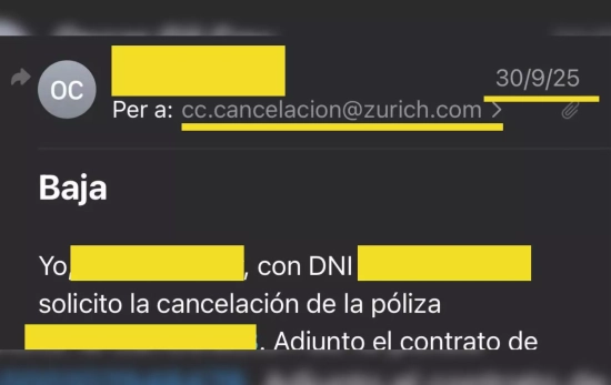 El afectado cancela su seguro en Zurich / CEDIDA