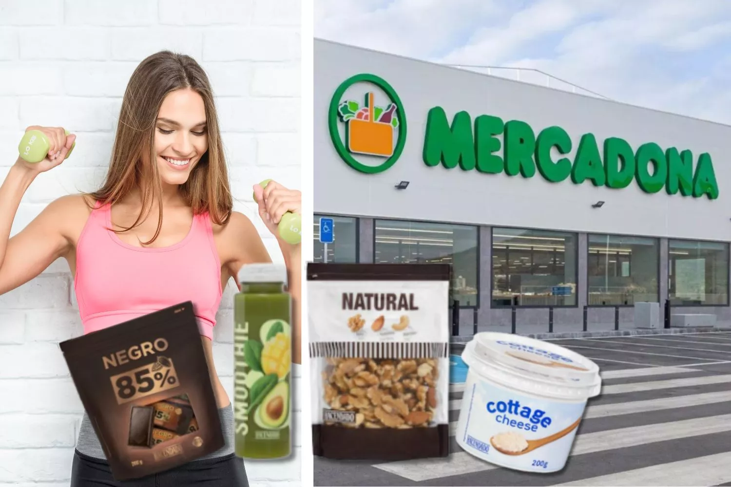 Una consumidora con los seis productos 'fitness' de Mercadona / Fotomontaje CONSUMIDOR GLOBAL