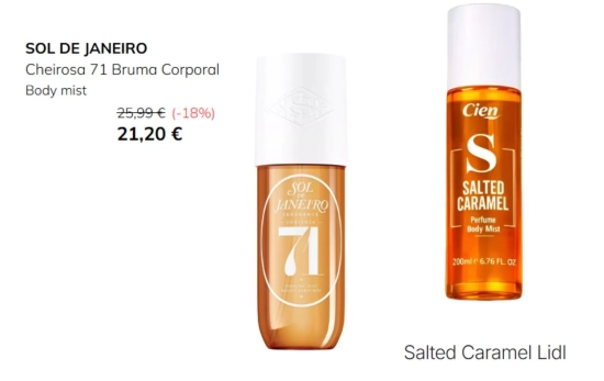 Cheirosa 71 de Sol de Janeiro frente al body mist Salted Caramel de Cien, de Lidl/ Fotomontaje Consumidor Global Cheirosa 71 de Sol de Janeiro frente al body mist Salted Caramel de Cien, de Lidl/ Fotomontaje Consumidor Global
