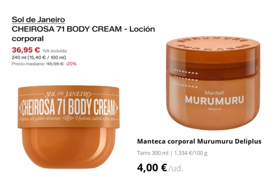 Cheirosa 71 Body Cream de Sol de Janeiro y la crema Murumuru de Mercadona/ Fotomontaje Consumidor Global Cheirosa 71 Body Cream de Sol de Janeiro y la crema Murumuru de Mercadona/ Fotomontaje Consumidor Global