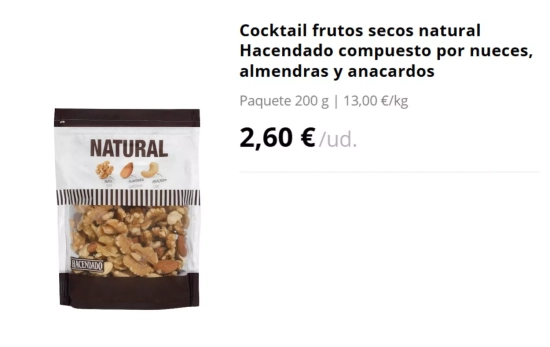 Cocktail frutos secos natural Hacendado compuesto por nueces, almendras y anacardos/ MERCADONA Cocktail frutos secos natural Hacendado compuesto por nueces, almendras y anacardos/ MERCADONA
