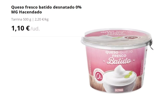 Queso fresco batido desnatado 0% MG Hacendado/ MERCADONA Queso fresco batido desnatado 0% MG Hacendado/ MERCADONA