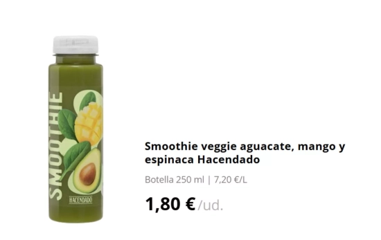 Smoothie veggie aguacate, mango y espinaca Hacendado/ MERCADONA Smoothie veggie aguacate, mango y espinaca Hacendado/ MERCADONA