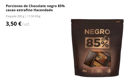 Porciones de Chocolate negro 85% cacao extrafino Hacendado/ MERCADONA Porciones de Chocolate negro 85% cacao extrafino Hacendado/ MERCADONA