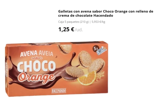 Galletas con avena sabor Choco Orange con relleno de crema de chocolate Hacendado/ MERCADONA Galletas con avena sabor Choco Orange con relleno de crema de chocolate Hacendado/ MERCADONA