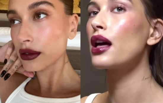 Hailey Bieber con un maquillaje en tonos 'berry'/ Pinterest