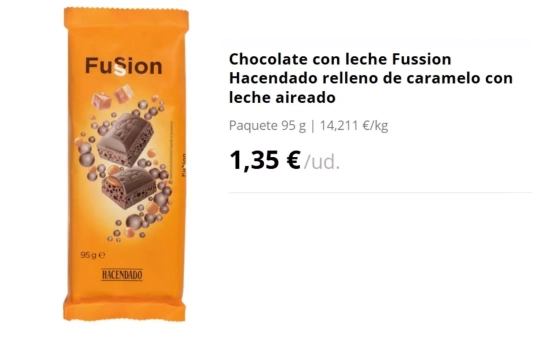 Chocolate con leche Fussion Hacendado relleno de caramelo con leche aireado/ MERCADONA Chocolate con leche Fussion Hacendado relleno de caramelo con leche aireado/ MERCADONA