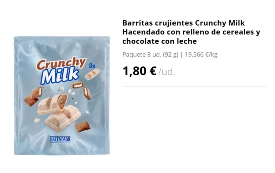 Barritas Crunchy Milk Hacendado/ MERCADONA Barritas Crunchy Milk Hacendado/ MERCADONA