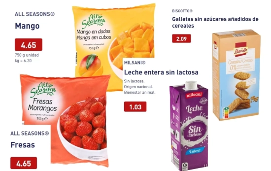Fruta, leche y galletas de ALDI/ Fotomontaje Consumidor Global Fruta, leche y galletas de ALDI/ Fotomontaje Consumidor Global