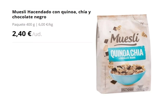 Muesli Hacendado con quinoa, chía y chocolate negro/ MERCADONA Muesli Hacendado con quinoa, chía y chocolate negro/ MERCADONA