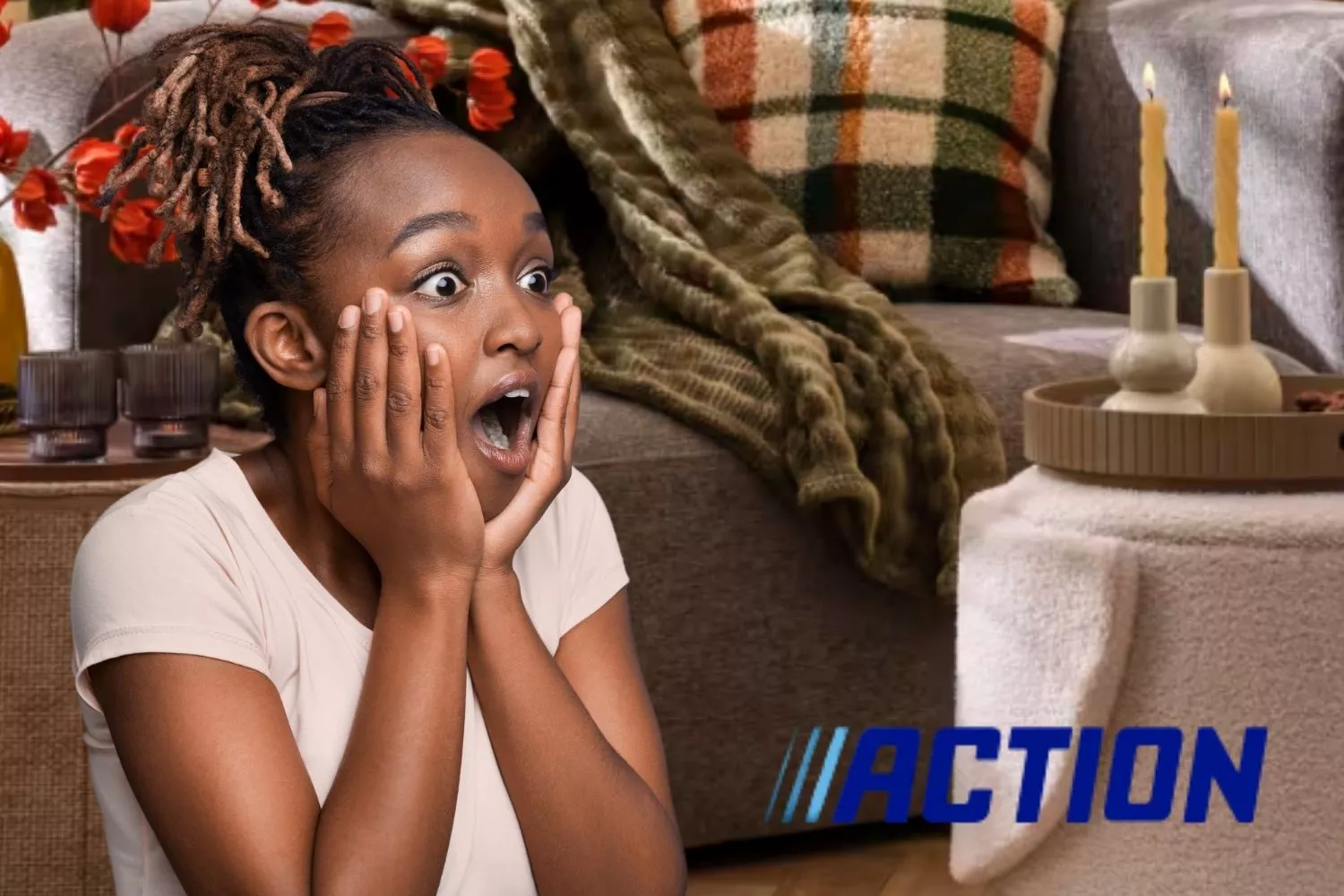 Una chica sorprendida por la calidad de los objetos decorativos de Action/ Fotomontaje Consumidor Global