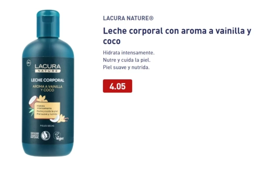 Loción corporal aroma vainilla y coco Lacura Nature/ ALDI Loción corporal aroma vainilla y coco Lacura Nature/ ALDI