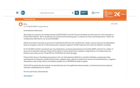 Queja de un cliente de Fitness Park en OCU / OCU Queja de un cliente de Fitness Park en OCU / OCU