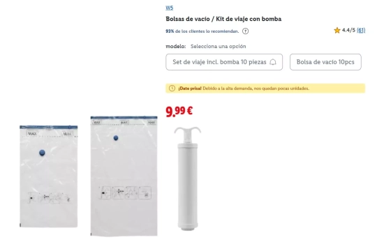 Bolsas de vacío / Kit de viaje con bomba/ LIDL