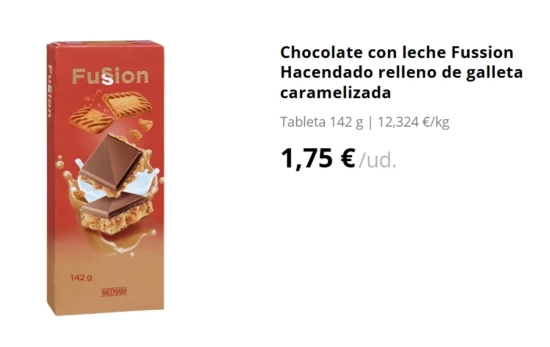tableta de chocolate con leche Fussion Hacendado rellena de galleta caramelizada/ MERCADONA tableta de chocolate con leche Fussion Hacendado rellena de galleta caramelizada/ MERCADONA