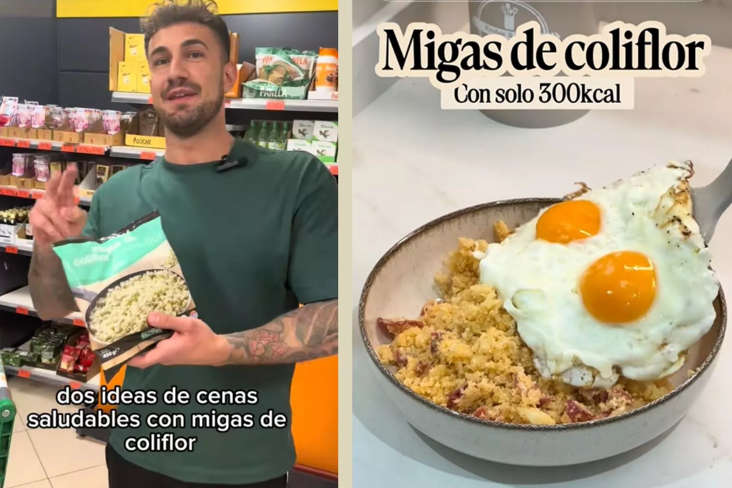 Un tiktoker con una bolsa de migas de coliflor, el producto bajo en calorías de Mercadona / Fotomontaje CONSUMIDOR GLOBAL