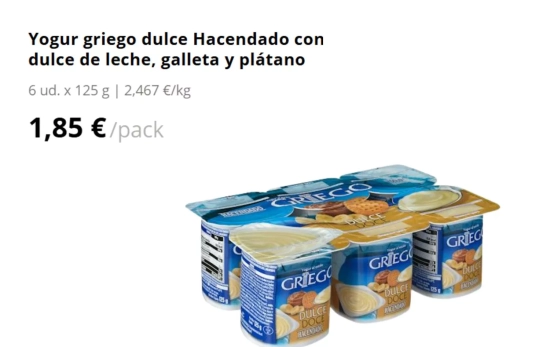Yogur griego dulce Hacendado con dulce de leche, galleta y plátano/  MERCADONA