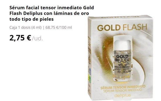 Sérum facial tensor inmediato Gold Flash Deliplus con láminas de oro todo tipo de pieles/ MERCADONA