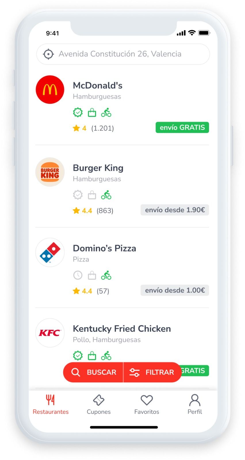 Interfaz de la aplicación móvil Delitbee, con varias opciones de comida rápida / DELITBEE