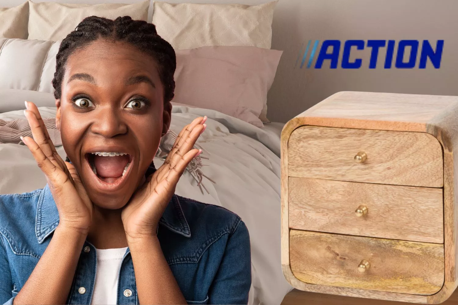Una consumidora y la cajonera de madera de Action/ Fotomontaje CONSUMIDOR GLOBAL