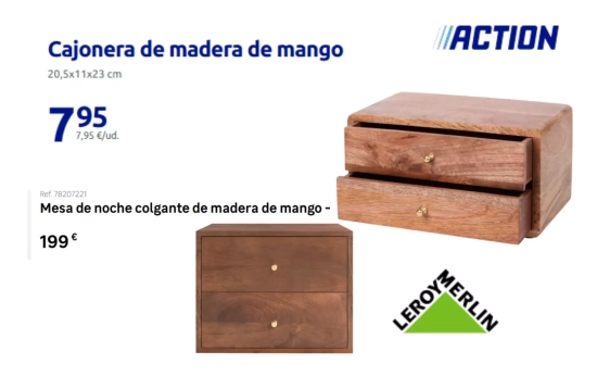 Comparativa de la cajonera de Action con la mesita de Leroy Merlin/ Fotomontaje Consumidor Global Comparativa de la cajonera de Action con la mesita de Leroy Merlin/ Fotomontaje Consumidor Global