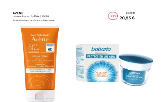 Avène Intense Protect SPF50+ y Babaria Crema Facial Protección Luz Azul/ Fotomontaje Consumidor Global