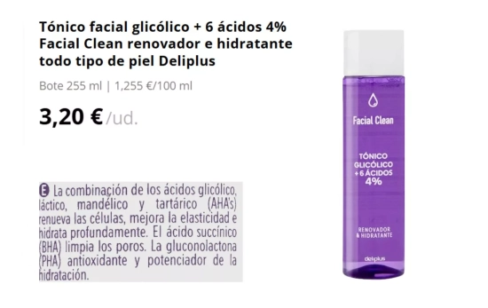 Tónico facial glicólico + 6 ácidos 4% Facial Clean renovador e hidratante todo tipo de piel Deliplus/ MERCADONA Tónico facial glicólico + 6 ácidos 4% Facial Clean renovador e hidratante todo tipo de piel Deliplus/ MERCADONA