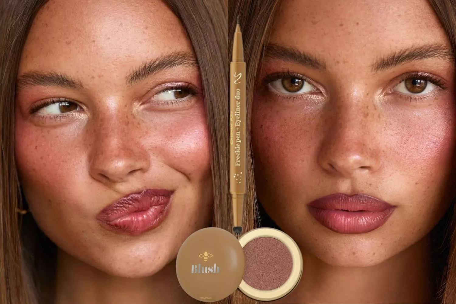Una mujer con el colorete 'anti-blush' y el delineador para pecas de Mercadona / Fotomontaje CONSUMIDOR GLOBAL