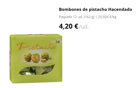 Bombones de pistacho Hacendado/ MERCADONA Bombones de pistacho Hacendado/ MERCADONA