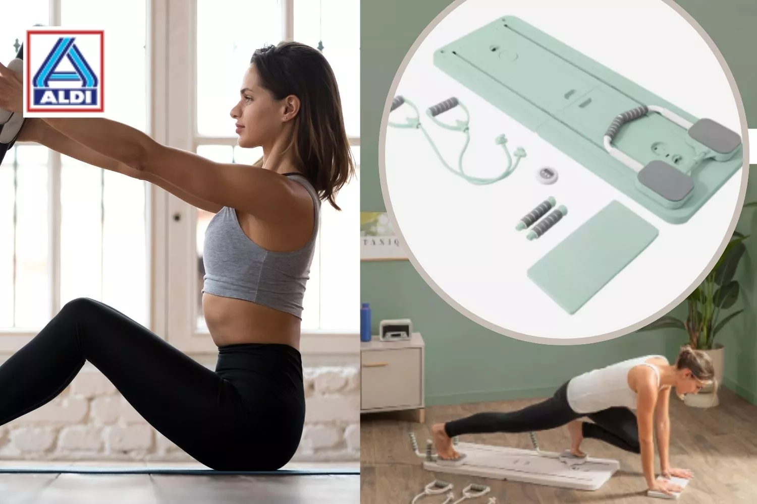 Aldi vende la tabla de pilates plegable más cómoda y util para hacer deporte en el salón de tu casa / Fotomontaje Consumidor Global