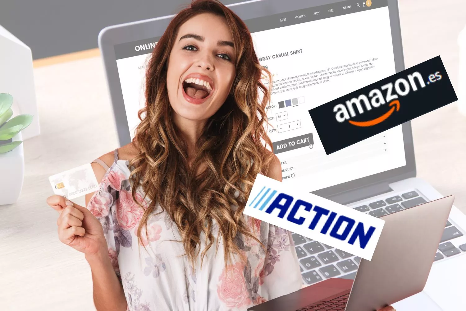 Una consumidora y los logos de Action y Amazon / Fotomontaje CONSUMIDOR GLOBAL