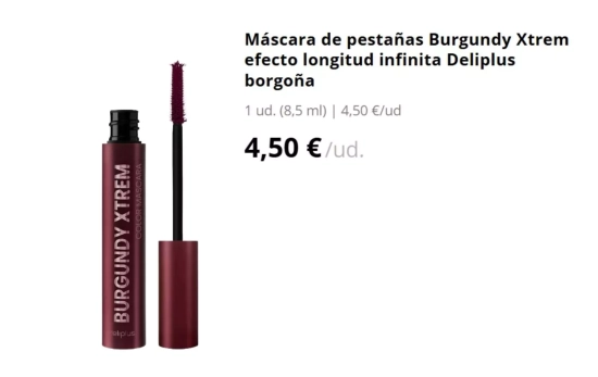Máscara de pestañas Burgundy Xtrem efecto longitud infinita Deliplus borgoña/ MERCADONA Máscara de pestañas Burgundy Xtrem efecto longitud infinita Deliplus borgoña/ MERCADONA