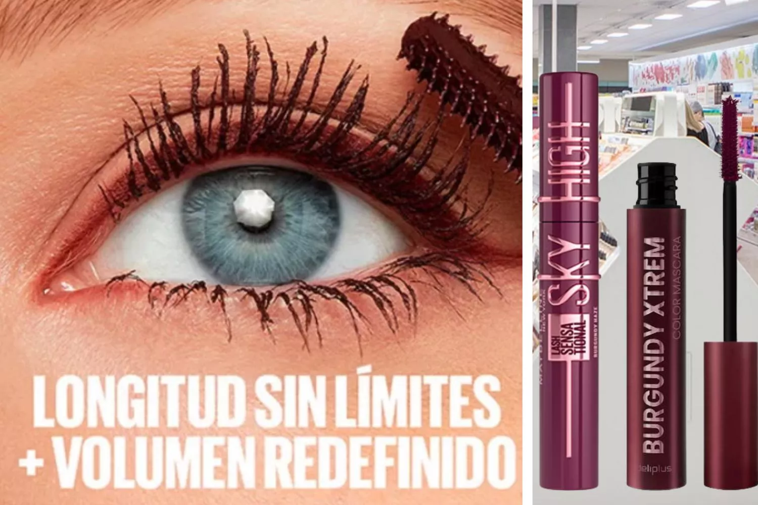 Mercadona tiene nueva máscara de pestañas longitud extrema en el tono borgoña que imita a la de Maybelline/ Fotomontaje Consumidor Global