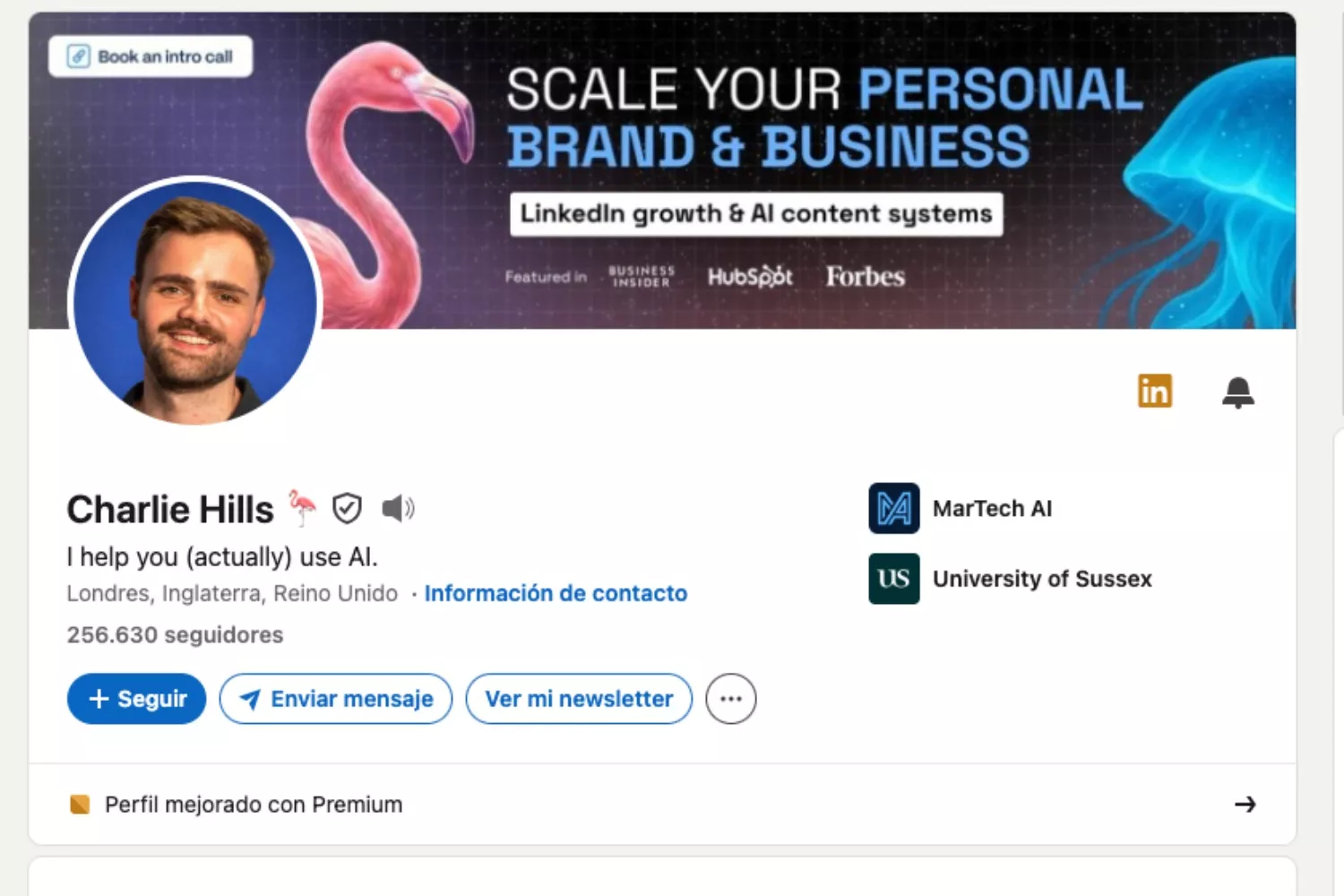 El perfil de Charlie Hills en LinkedIn   CAPTURA