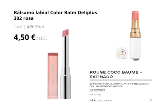 Rouge Coco Baume Satinado y el Bálsamo labial Color Balm Deliplus 302 rosa/ Fotomontaje Consumidor Global Rouge Coco Baume Satinado y el Bálsamo labial Color Balm Deliplus 302 rosa/ Fotomontaje Consumidor Global
