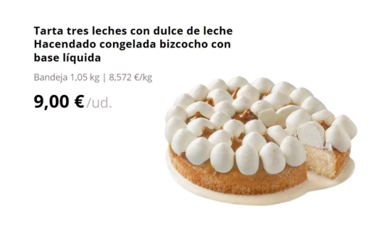 Tarta tres leches con dulce de leche Hacendado congelada bizcocho con base líquida/ MERCADONA Tarta tres leches con dulce de leche Hacendado congelada bizcocho con base líquida/ MERCADONA
