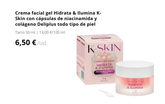 Crema facial gel Hidrata & Ilumina K-Skin con cápsulas de niacinamida y colágeno Deliplus todo tipo de piel/ MERCADONA