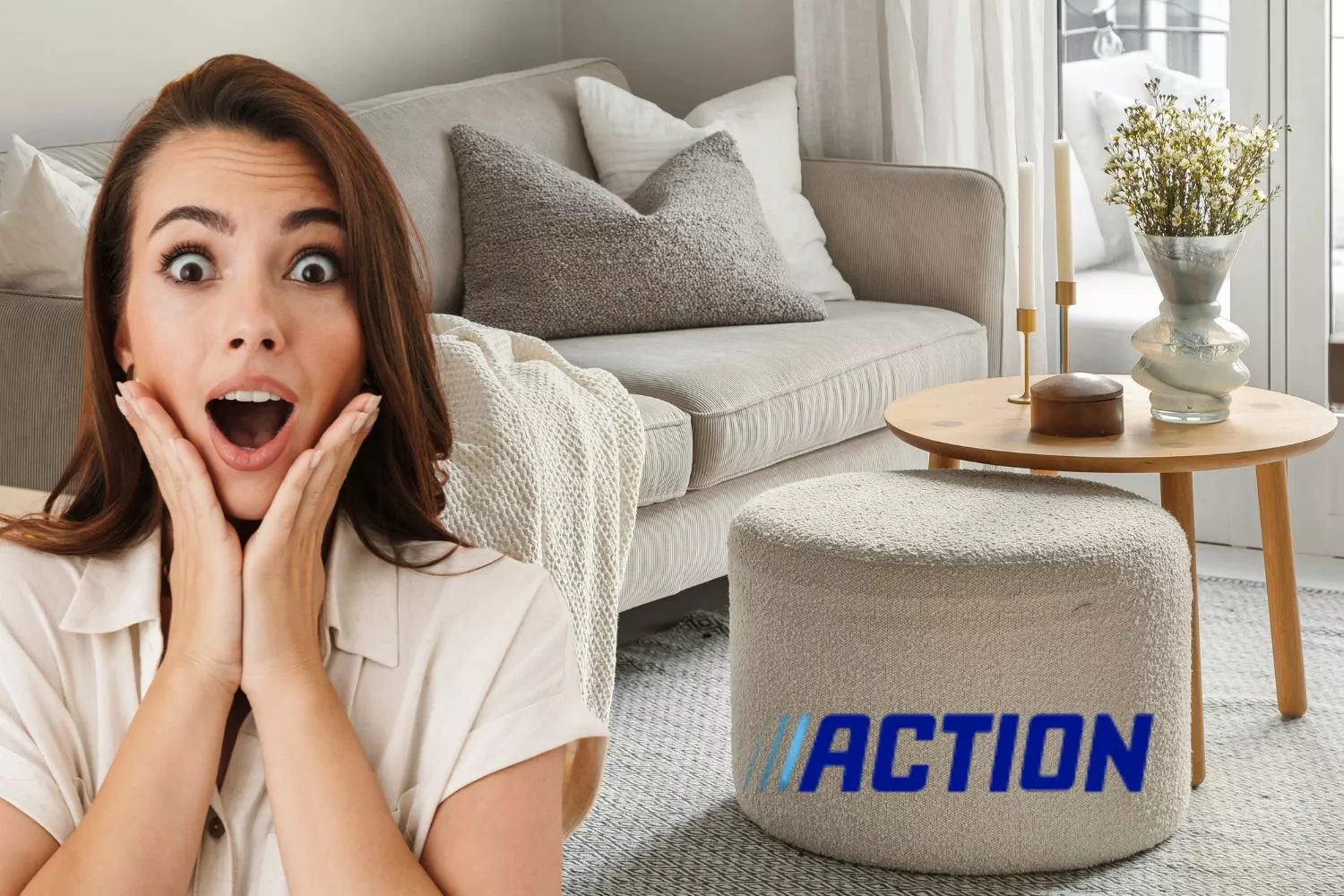 Una mujer sorprendida por al oferta de muebles de Action/ Fotomontaje Consumidor Global