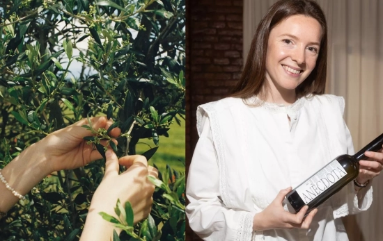 Carla Gili manipula uno de sus olivos y posa con uno de sus aceites / Montaje CG