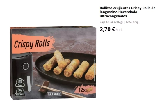 Rollitos crujientes Crispy Rolls de langostino Hacendado ultracongelados/ MERCADONA Rollitos crujientes Crispy Rolls de langostino Hacendado ultracongelados/ MERCADONA