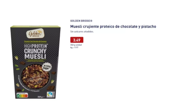 Golden Bridge High Protein Crunchy Muesli de chocolate negro y pistacho/ ALDI Golden Bridge High Protein Crunchy Muesli de chocolate negro y pistacho/ ALDI