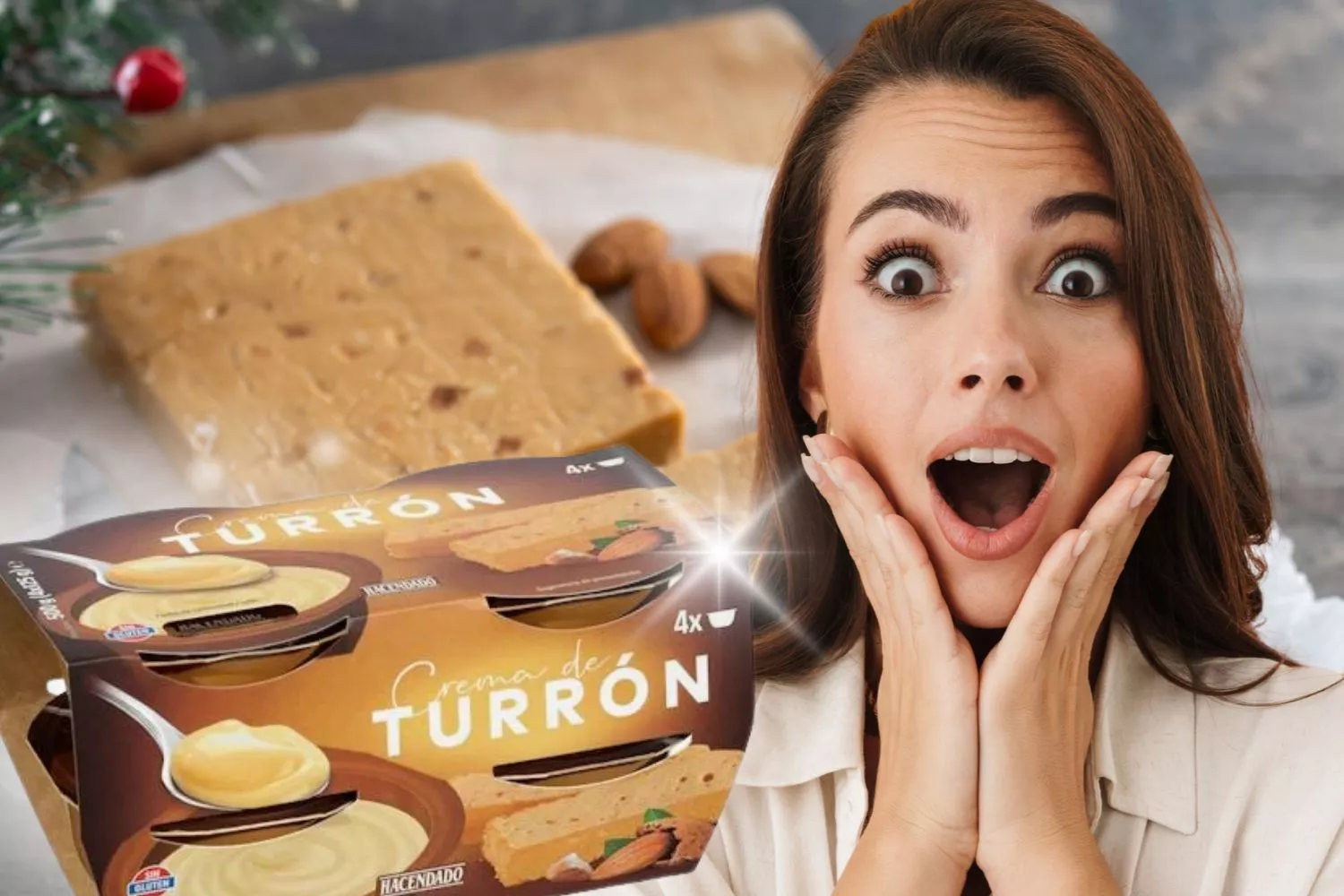 Una consumidora y el nuevo postre de Mercadona con sabor a turrón / Fotomontaje CONSUMIDOR GLOBAL