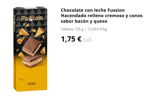 Chocolate con leche Fussion Hacendado relleno cremoso y conos sabor bacón y queso/ MERCADONA Chocolate con leche Fussion Hacendado relleno cremoso y conos sabor bacón y queso/ MERCADONA