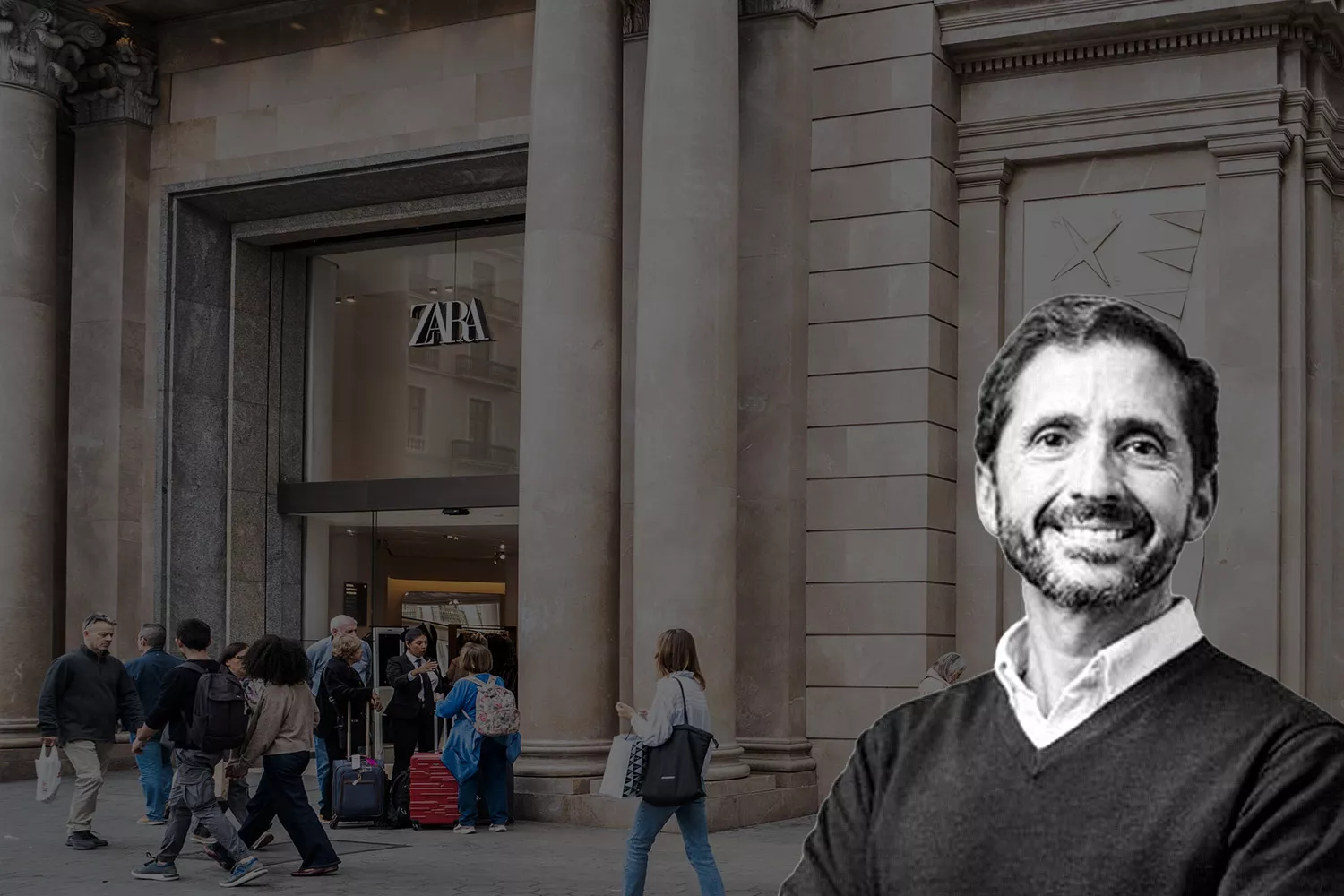 Fotomontaje donde aparece una tienda de Zara y el responsable de Recursos Humanos de la misma en España, José María Rubio Jiménez de Llano