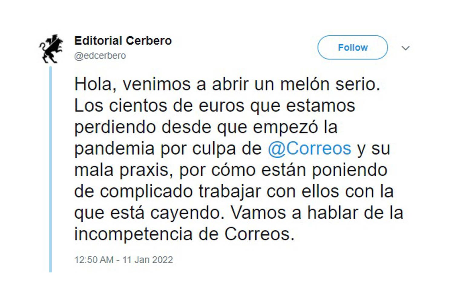 El hilo sobre Correos que ha encendido la polémica en Twitter / TWITTER EDITORIAL CERBERO