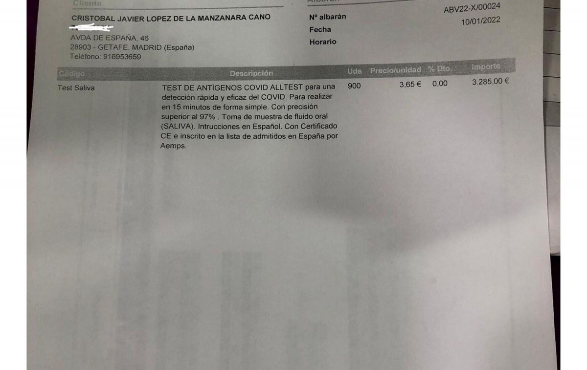 La última factura de la compra de test de antígenos del farmacéutico Cristóbal Pérez de la Manzanara, presidente de Adefarma