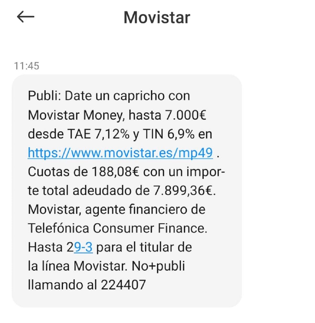 SMS de Movistar promocionando sus créditos Movistar Money / CG